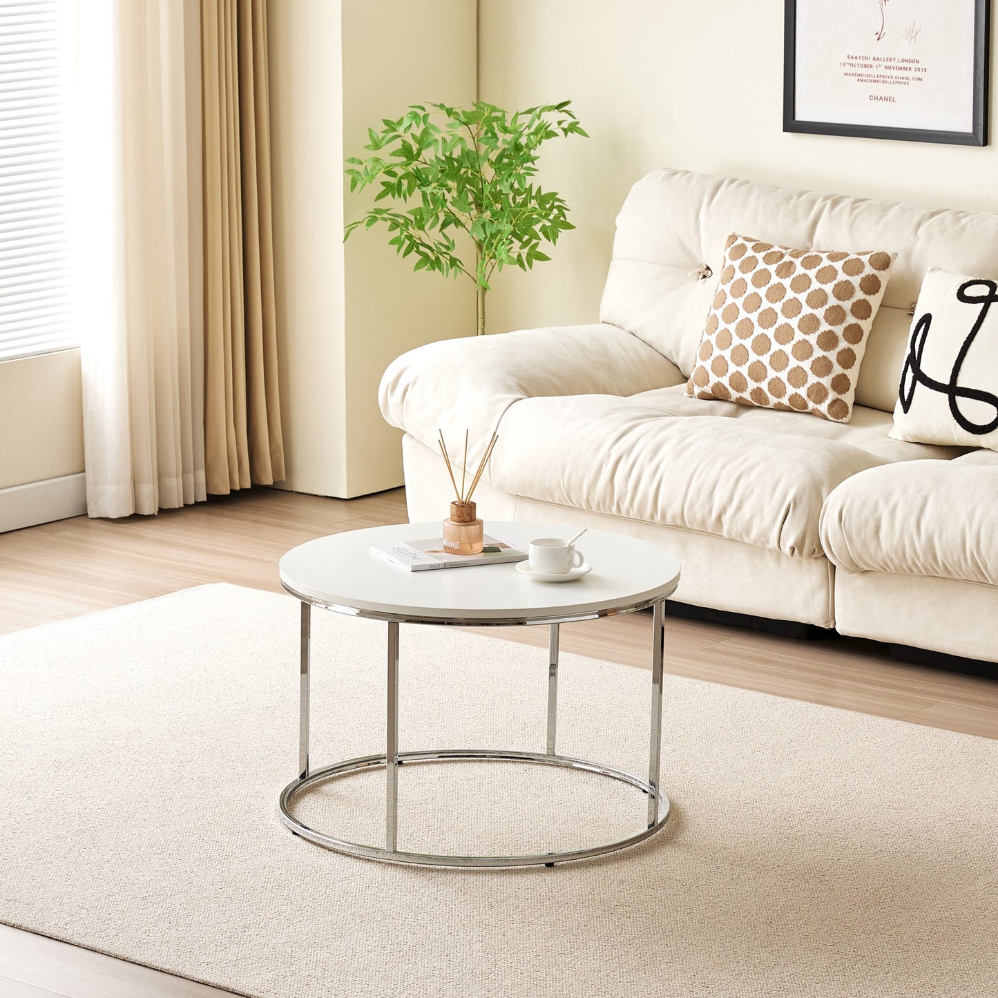 Circular Coffee Table Metal Frame Top Living Room Side Table