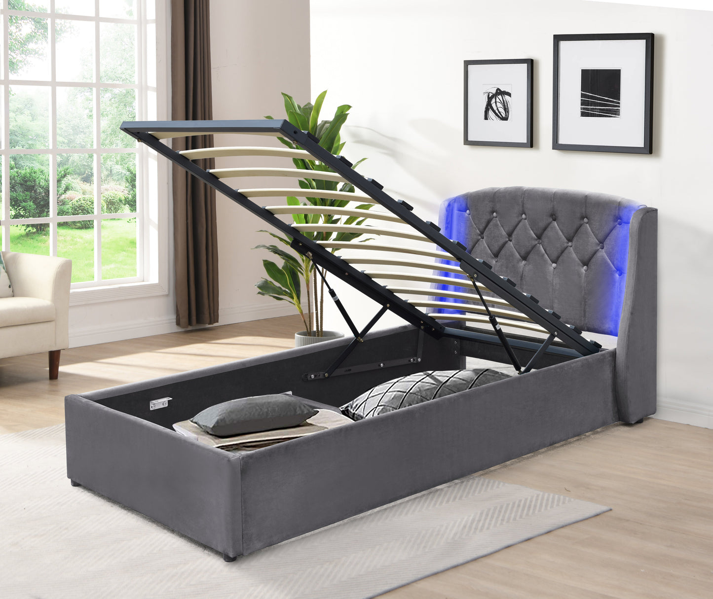 Fabric Gas lift Bedframe LED Headboard Grey Green 3ft 4ft6 5ft Bedroom Furniture