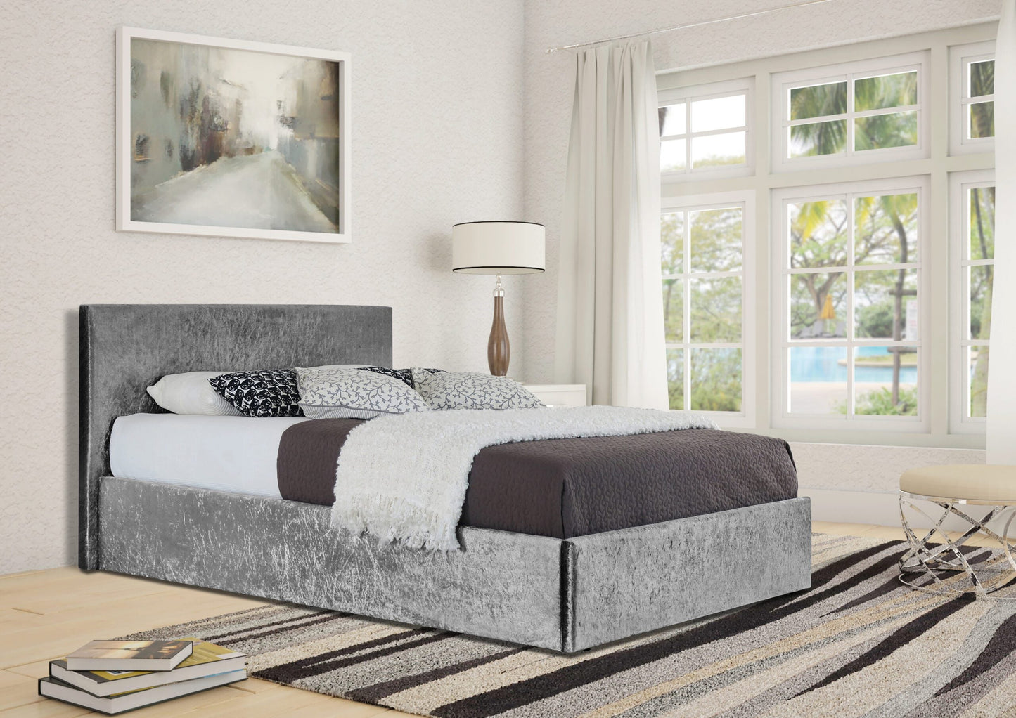 Crushed Velvet Panama Ottoman Bed with optional Mattress