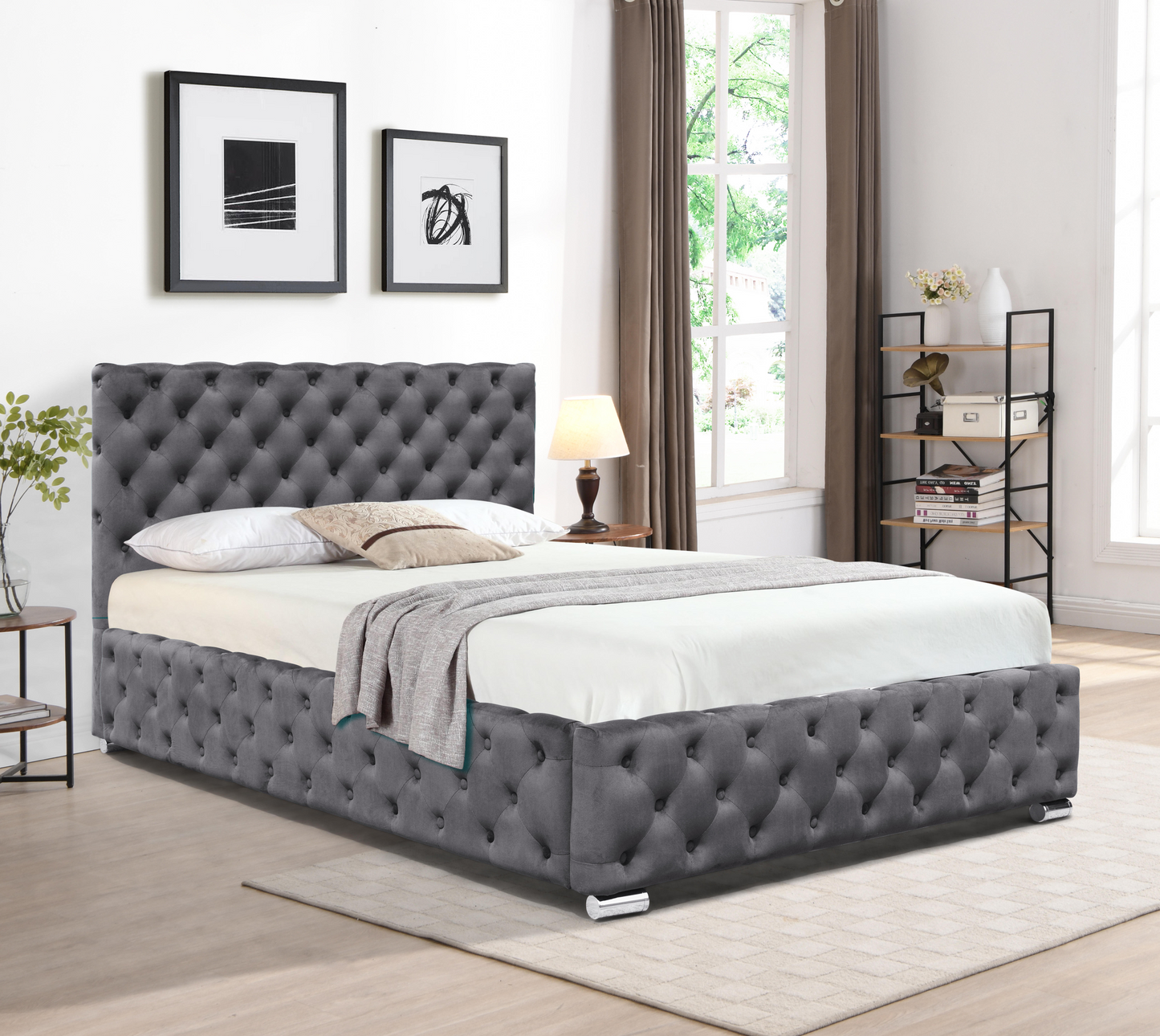 Tufted Fabric Bed Frame In Grey Or Green In 3ft, 4ft6 or 5ft Size Bedroom