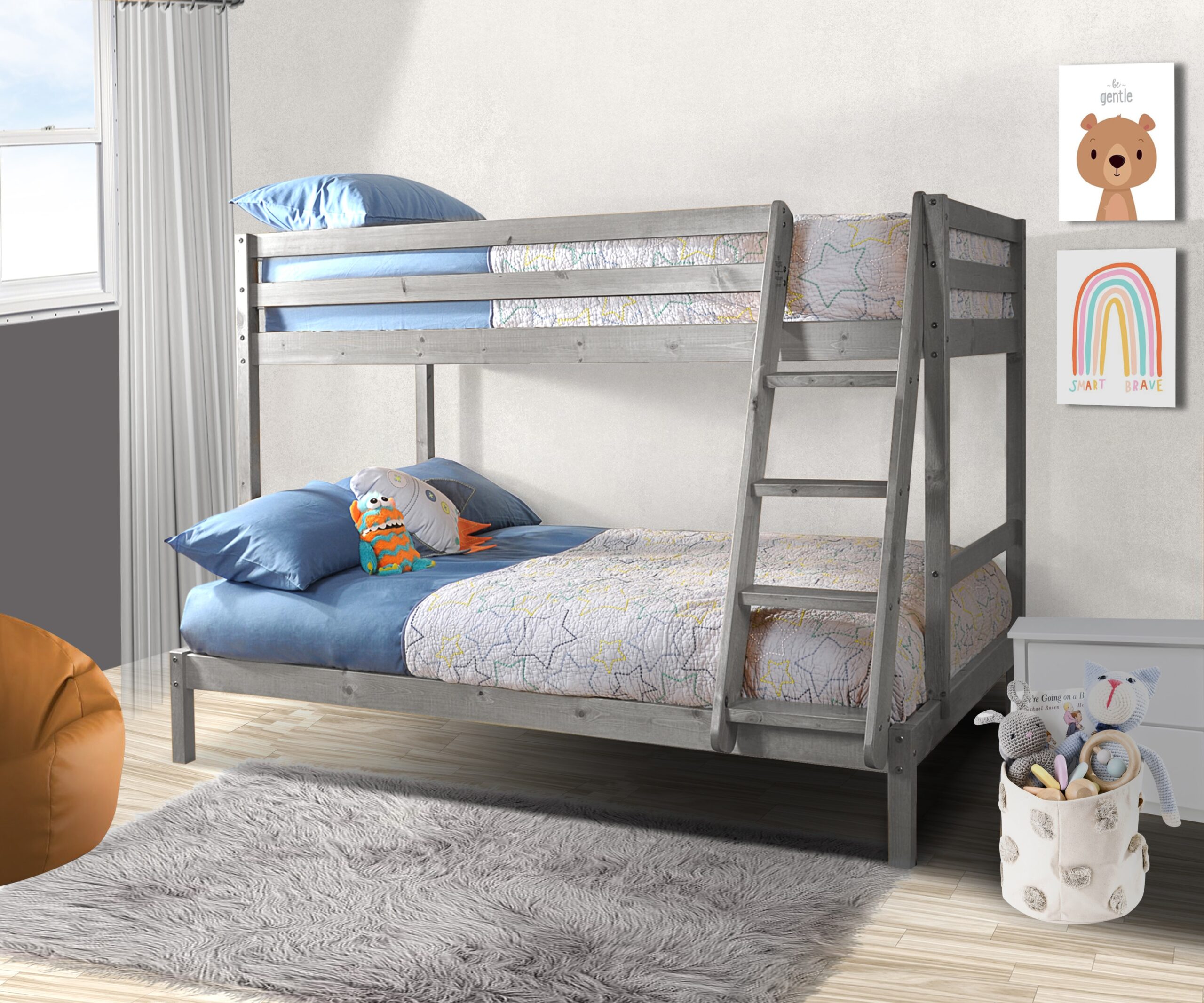 grey triple bunk bed with mattresses
