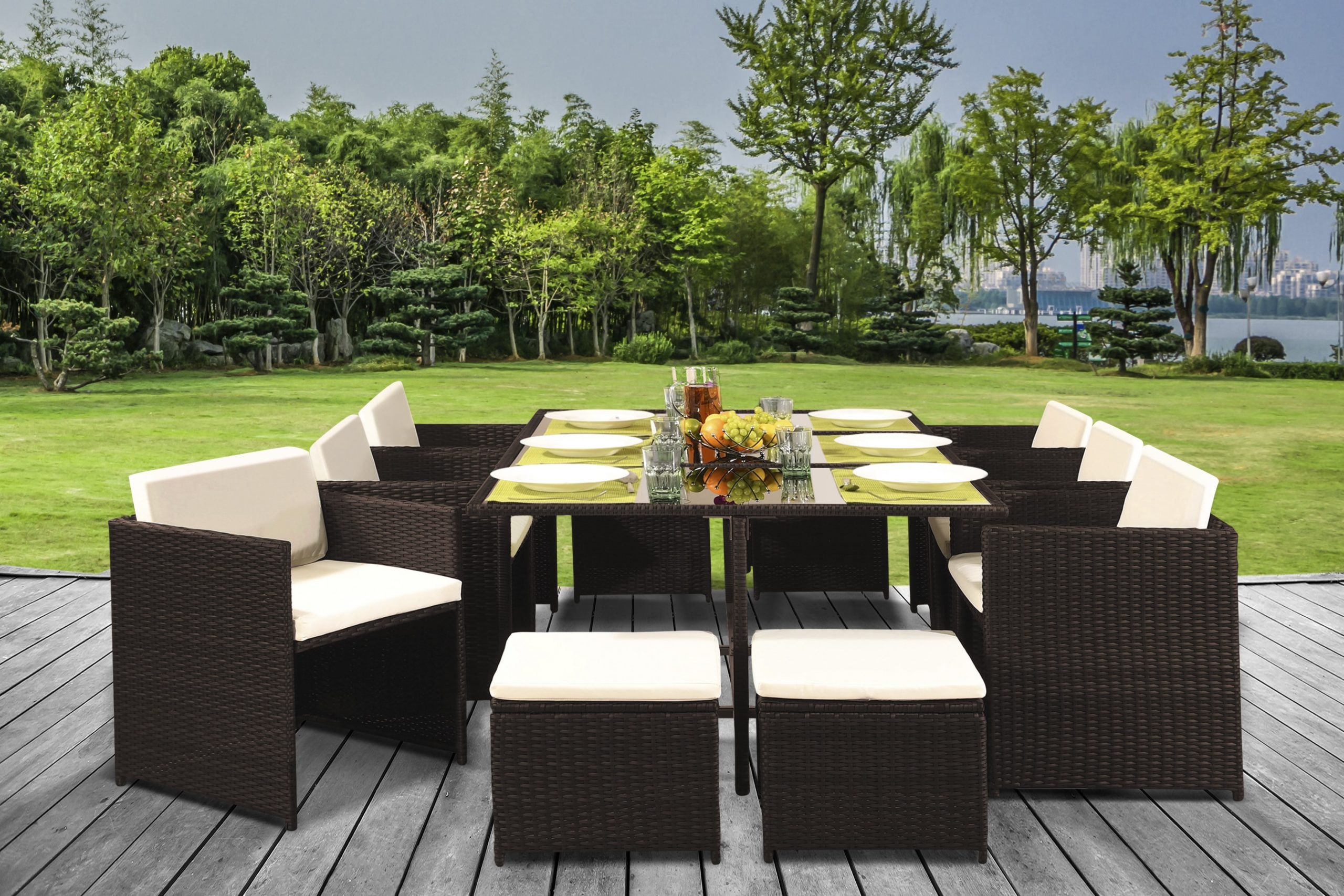 11 Piece Low Back Cube Rattan Dining Set with Optional Cover | UK